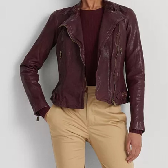 New Lauren Ralph Lauren Wine-Red Color Leather Moto Cafe Racer Jacket Women’s - Picture 3 of 16